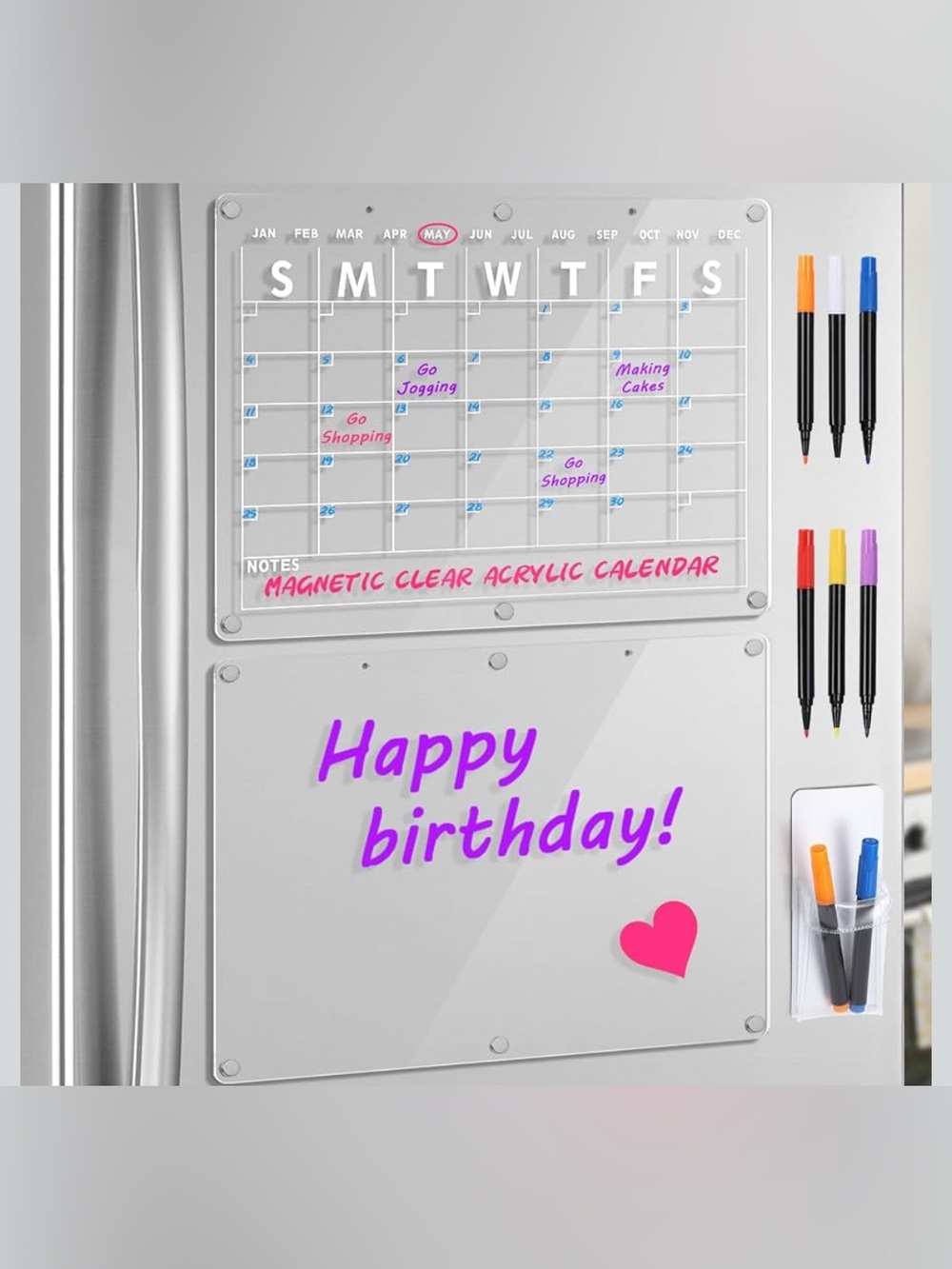 2 Piece Set Acrylic Magnetic Dry Erase Board Calendar for Fridge & Markers NIB